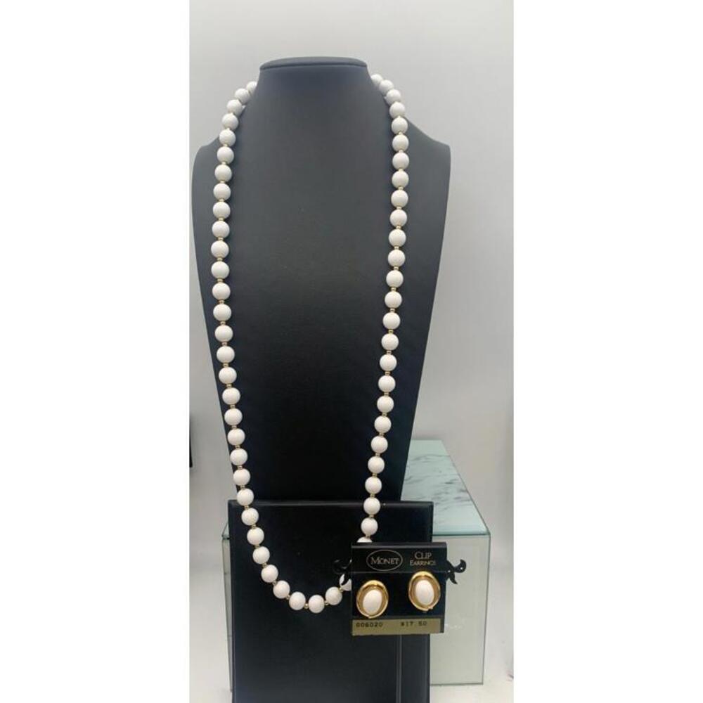 Vintage Monet Necklace & Clip On Earring Set / Lot Gold Tone & White Beaded